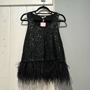 Calypso St. Barth black sequin tank with feather trim